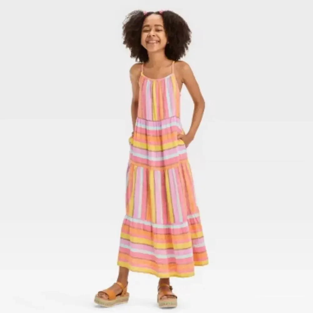 Cat & Jack Girls Striped Multi Colored Maxi Dress Size XL (14) Linen Blend
